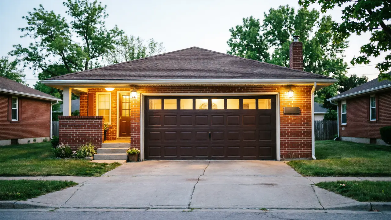 A brick house with a brown garage door and lit porch lights.
