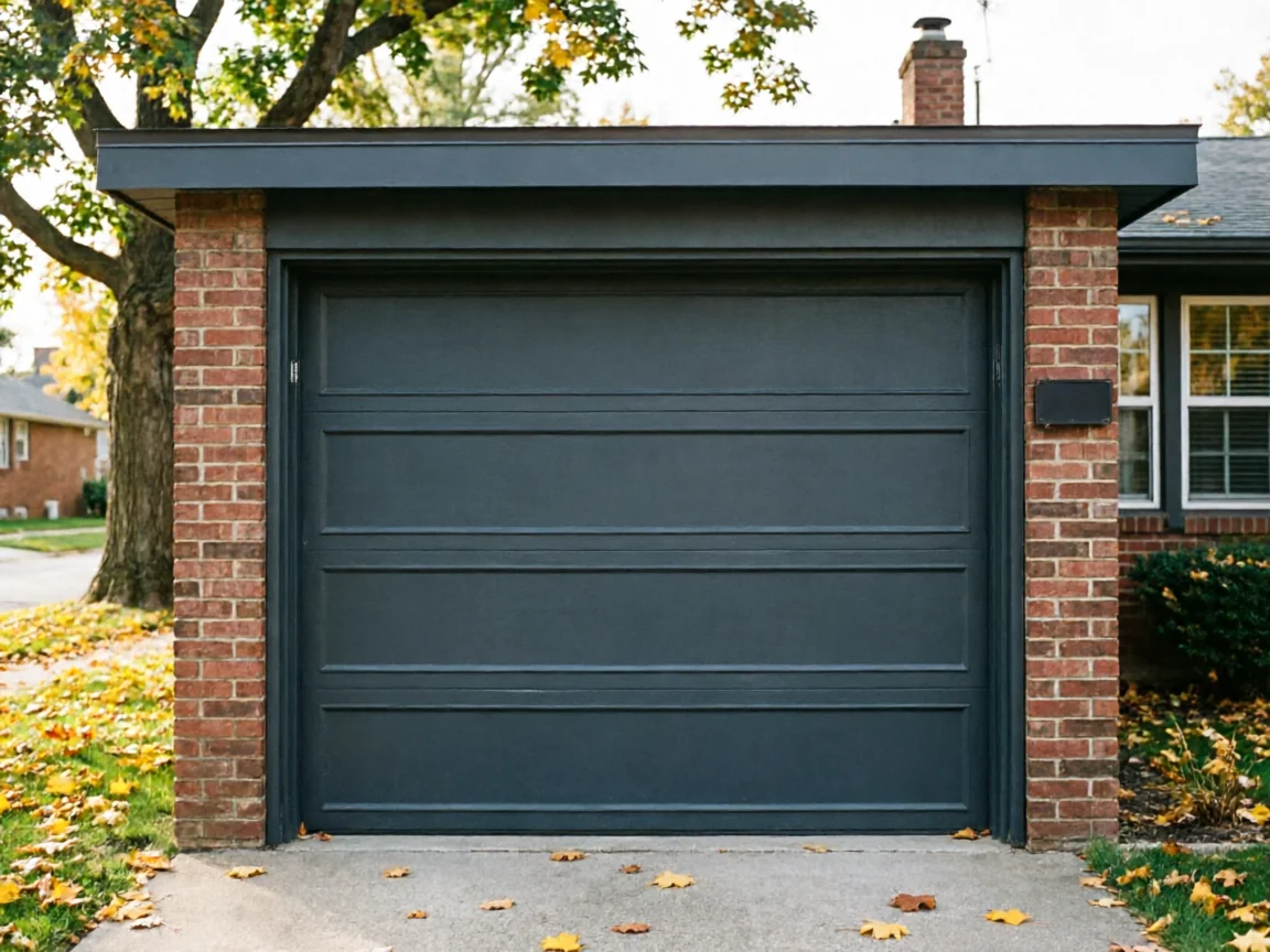 A dark gray garage door is set into a brick facade with a tree and house visible.
