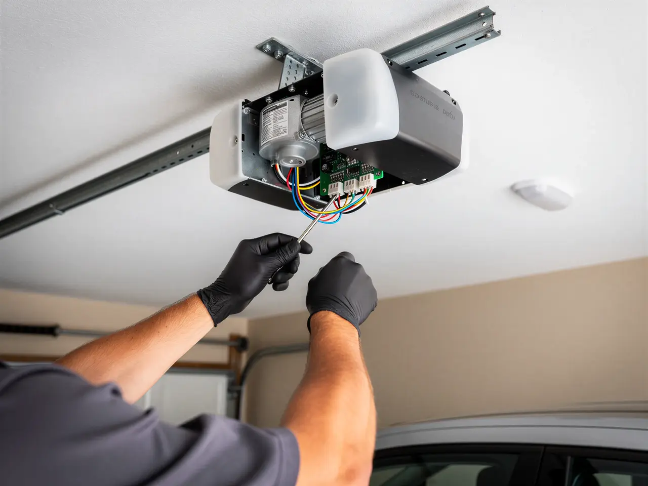 A technician in black gloves works on the exposed wiring of a garage door opener.